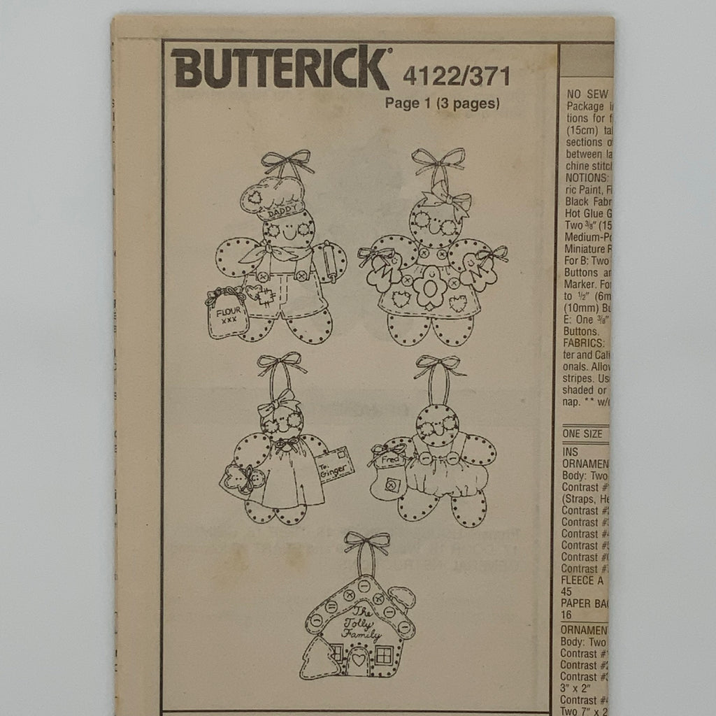 Butterick 4122 (1995) Gingerbread Themed Christmas Ornaments - Vintage Uncut Craft Pattern
