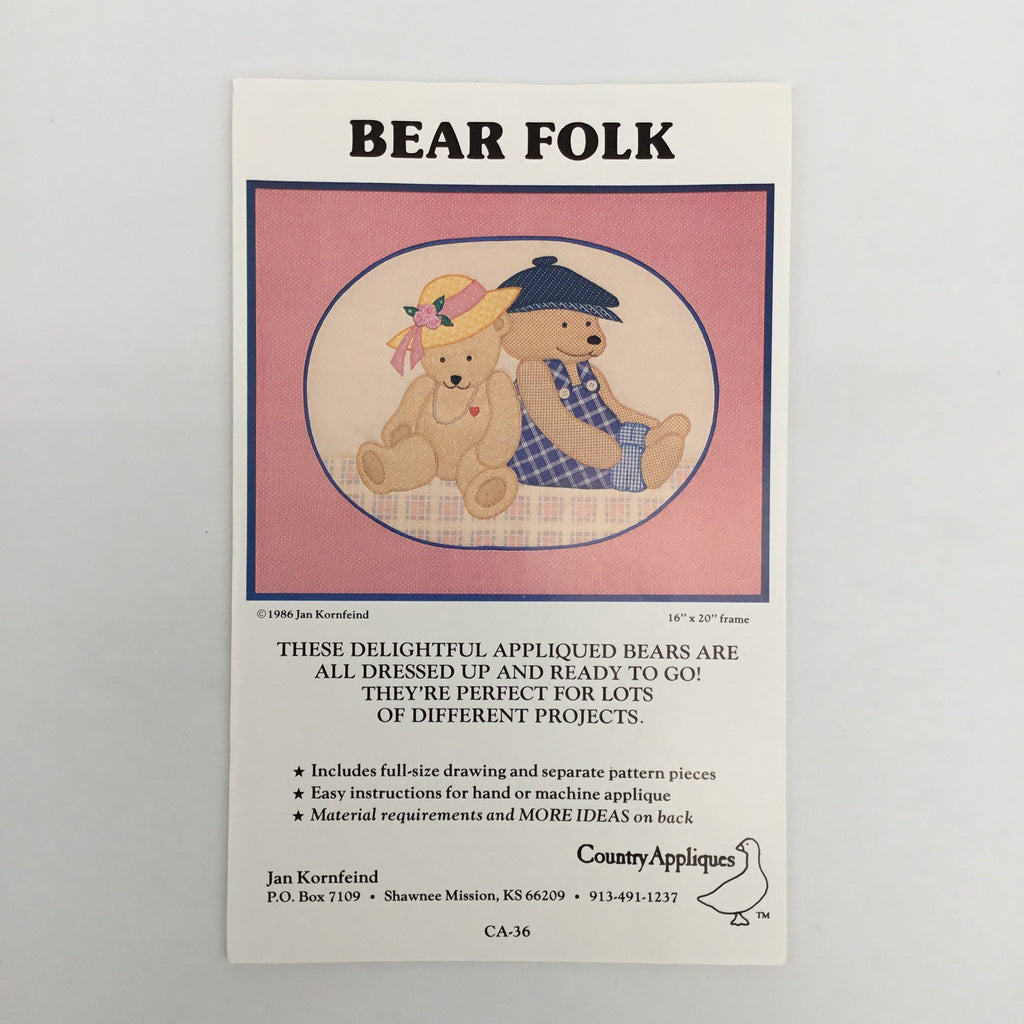 Bear Folk  - Country Appliques #36 - Vintage Uncut Applique Pattern
